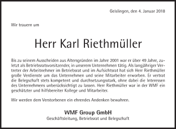 Traueranzeige von Karl Riethmüller von Geislinger Zeitung