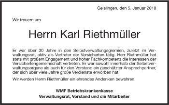 Traueranzeige von Karl Riethmüller von Geislinger Zeitung