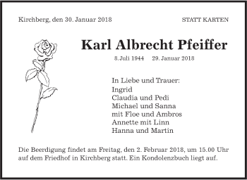 Traueranzeige von Karl Albrecht Pfeiffer von Hohenloher Tagblatt