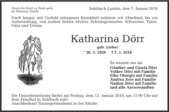 Traueranzeige von Katharina Dörr von Rundschau Gaildorf