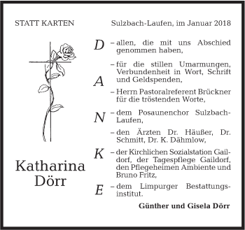 Traueranzeige von Katharina Dörr von Rundschau Gaildorf