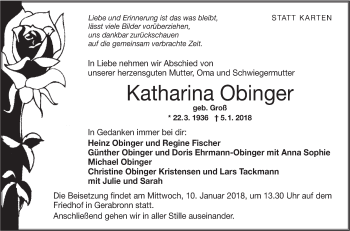 Traueranzeige von Katharina Obinger von Hohenloher Tagblatt