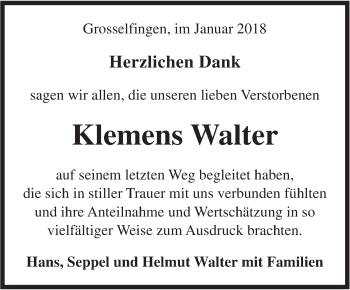 Traueranzeige von Klemens Walter von Hohenzollerische Zeitung