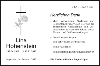 Traueranzeige von Lina Hohenstein von Hohenloher Tagblatt