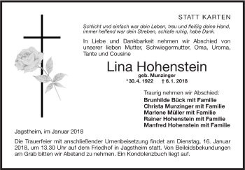 Traueranzeige von Lina Hohenstein von Hohenloher Tagblatt