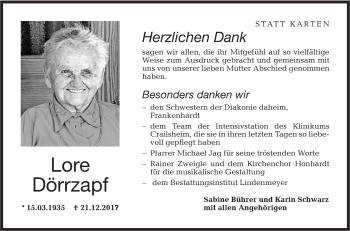 Traueranzeige von Lore Dörrzapf von Hohenloher Tagblatt