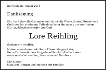 Traueranzeige von Lore Reihling von Alb-Bote/Metzinger-Uracher Volksblatt