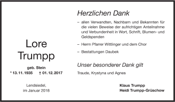 Traueranzeige von Lore Trumpp von Hohenloher Tagblatt