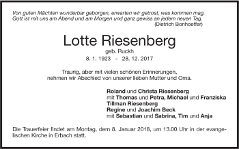 Traueranzeige von Lotte Riesenberg von SÜDWEST PRESSE Ausgabe Ulm/Neu-Ulm