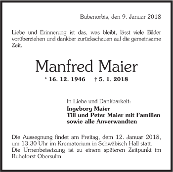 Traueranzeige von Manfred Maier von Haller Tagblatt