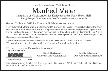 Traueranzeige von Manfred Maier von Haller Tagblatt