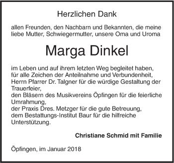 Traueranzeige von Marga Dinkel von Ehinger Tagblatt