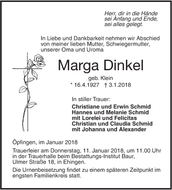 Traueranzeige von Marga Dinkel von Ehinger Tagblatt