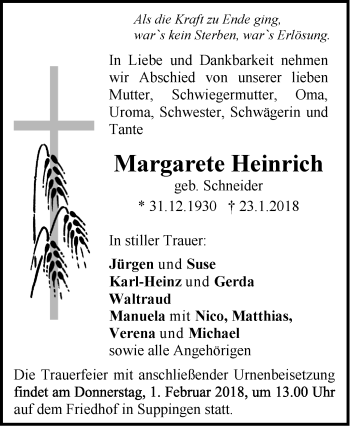 Traueranzeige von Margarete Heinrich von SÜDWEST PRESSE Ausgabe Ulm/Neu-Ulm