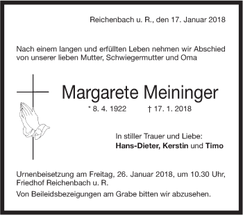 Traueranzeige von Margarete Meininger von NWZ Neue Württembergische Zeitung