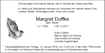 Traueranzeige von Margret Duffke von SÜDWEST PRESSE Ausgabe Ulm/Neu-Ulm