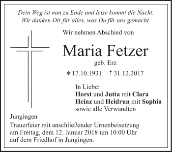 Traueranzeige von Maria Fetzer von SÜDWEST PRESSE Ausgabe Ulm/Neu-Ulm