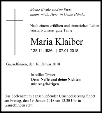 Traueranzeige von Maria Klaiber von Hohenzollerische Zeitung