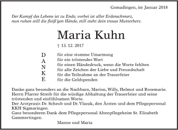 Traueranzeige von Maria Kuhn von Alb-Bote/Metzinger-Uracher Volksblatt