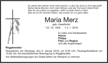 Traueranzeige von Maria Merz von Illertal Bote