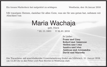 Traueranzeige von Maria Wachaja von Haller Tagblatt