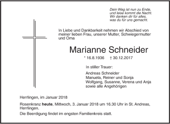 Traueranzeige von Marianne Schneider von SÜDWEST PRESSE Ausgabe Ulm/Neu-Ulm