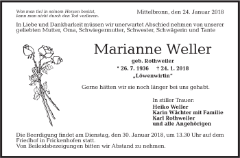 Traueranzeige von Marianne Weller von Rundschau Gaildorf