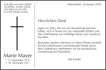 Traueranzeige von Marie Mayer von Alb-Bote/Metzinger-Uracher Volksblatt