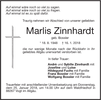 Traueranzeige von Marlis Zinnhardt von NWZ Neue Württembergische Zeitung