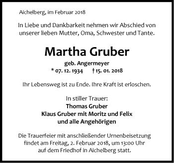 Traueranzeige von Martha Gruber von NWZ Neue Württembergische Zeitung