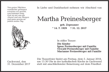 Traueranzeige von Martha Preinesberger von Rundschau Gaildorf