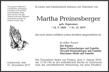 Traueranzeige von Martha Preinesberger von Rundschau Gaildorf