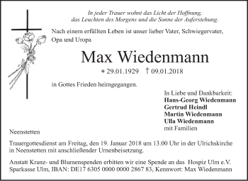 Traueranzeige von Max Wiedenmann von SÜDWEST PRESSE Ausgabe Ulm/Neu-Ulm