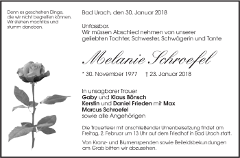 Traueranzeige von Melanie Schroefel von Metzinger-Uracher Volksblatt