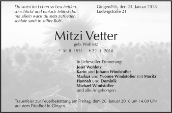 Traueranzeige von Mitzi Vetter von Geislinger Zeitung