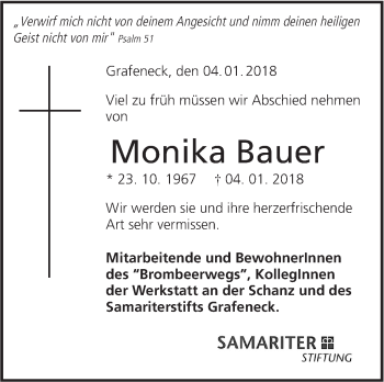 Traueranzeige von Monika Bauer von Alb-Bote/Metzinger-Uracher Volksblatt