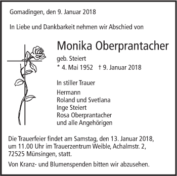 Traueranzeige von Monika Oberprantacher von Alb-Bote/Metzinger-Uracher Volksblatt