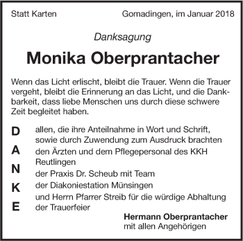 Traueranzeige von Monika Oberprantacher von Alb-Bote/Metzinger-Uracher Volksblatt