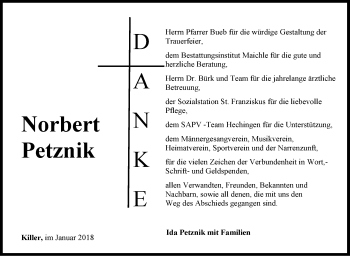 Traueranzeige von Norbert Petznik von Hohenzollerische Zeitung