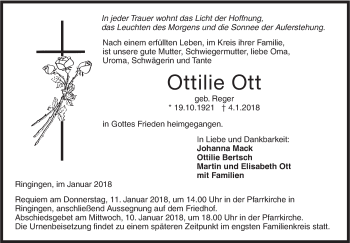 Traueranzeige von Ottilie Ott von SÜDWEST PRESSE Ausgabe Ulm/Neu-Ulm