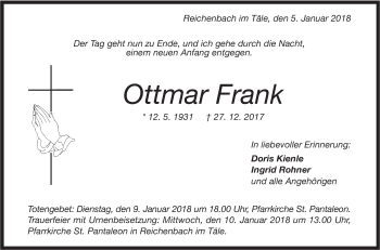 Traueranzeige von Ottmar Frank von Geislinger Zeitung