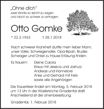 Traueranzeige von Otto Gomke von Haller Tagblatt