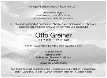 Traueranzeige von Otto Greiner von NWZ Neue Württembergische Zeitung