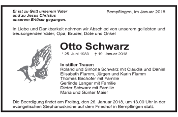 Traueranzeige von Otto Schwarz von Metzinger-Uracher Volksblatt