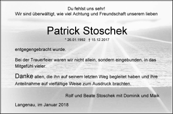 Traueranzeige von Patrick Stoschek von SÜDWEST PRESSE Ausgabe Ulm/Neu-Ulm