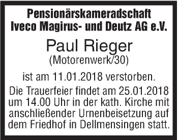 Traueranzeige von Paul Rieger von SÜDWEST PRESSE Ausgabe Ulm/Neu-Ulm