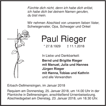 Traueranzeige von Paul Rieger von SÜDWEST PRESSE Ausgabe Ulm/Neu-Ulm