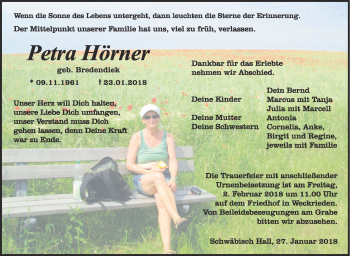 Traueranzeige von Petra Hörner von Haller Tagblatt