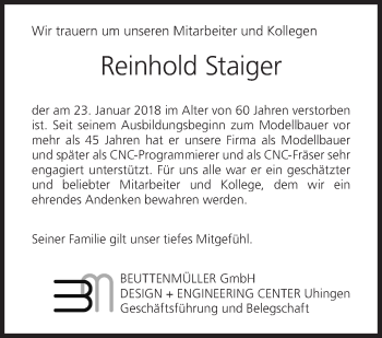 Traueranzeige von Reinhold Staiger von NWZ Neue Württembergische Zeitung