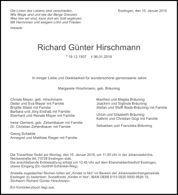 Traueranzeige von Richard Günter Hirschmann von Metzinger-Uracher Volksblatt